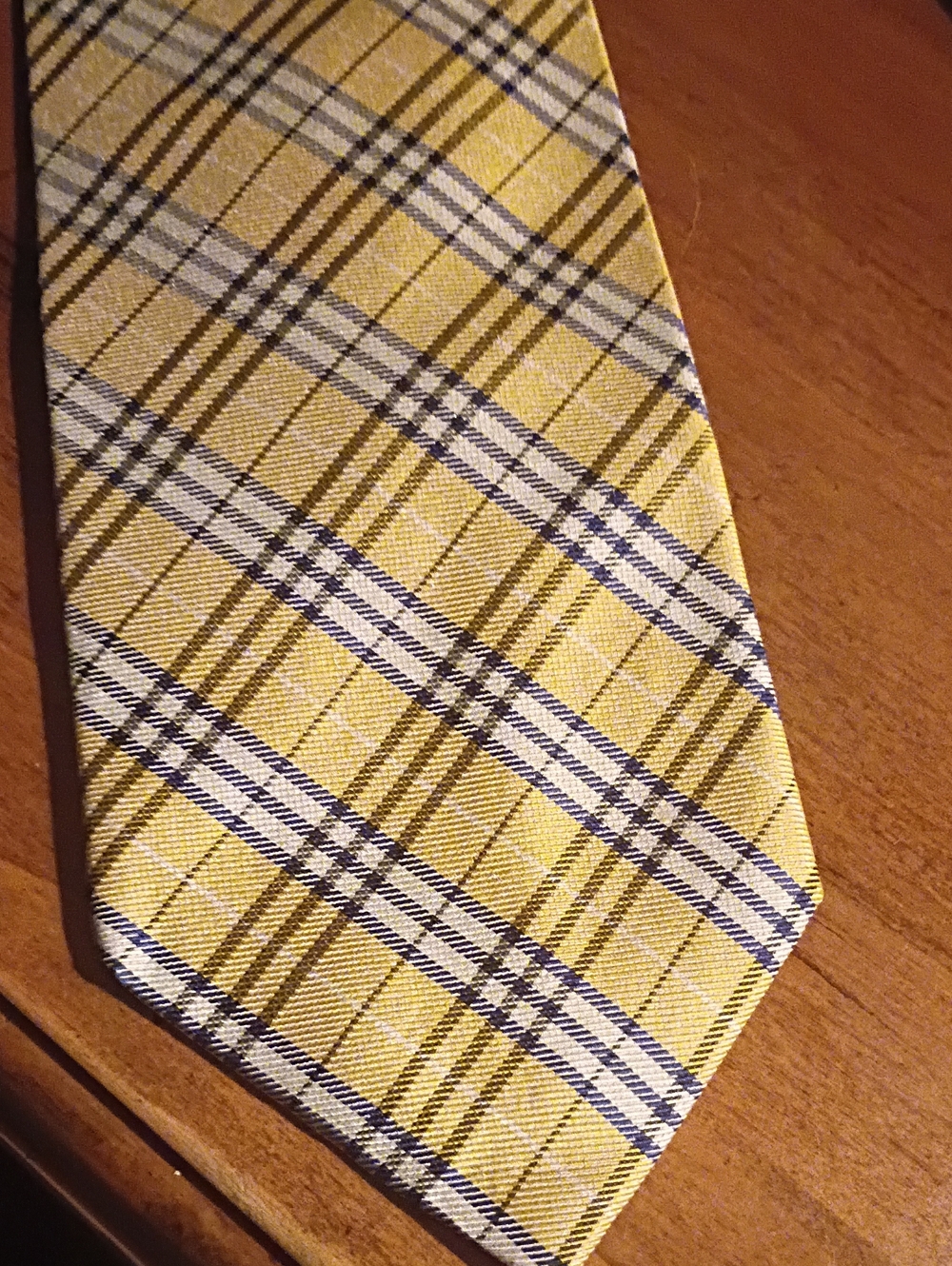 Brooks Brothers Yellow Plaid Tie with Navy and Cream Stripes